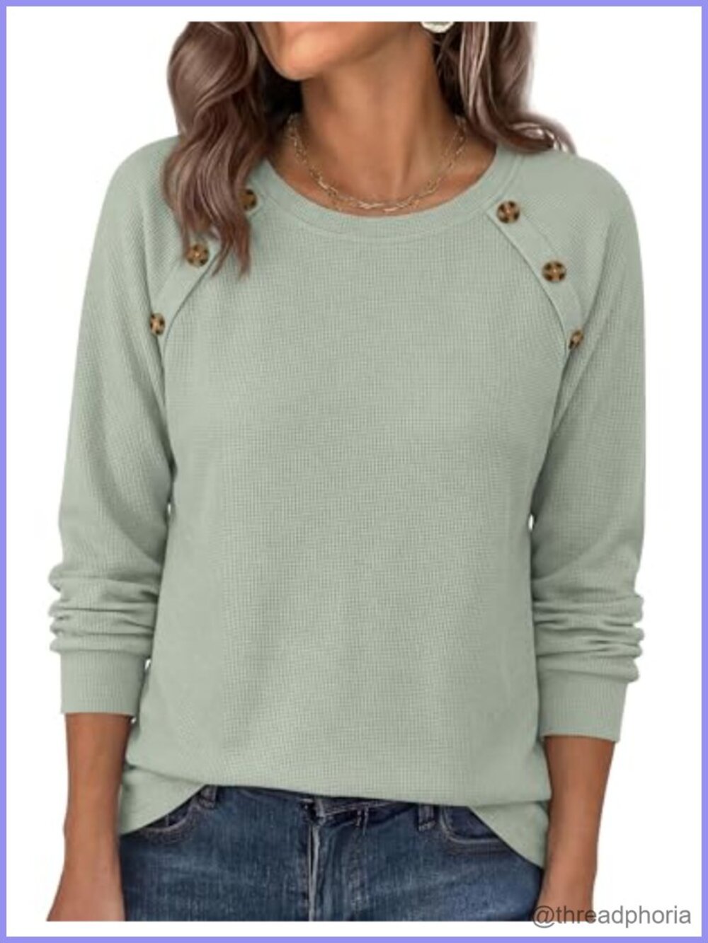 Waffle Knit Long Sleeve Tunic Top Loose Fit Raglan Crew Neck